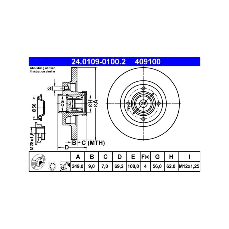 Disque de frein ATE 24.0109-0100.2 pour CITROËN, DS, VAUXHALL, PEUGEOT ATE