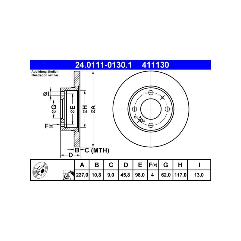 Disque de frein ATE 24.0111-0130.1 pour AUTOBIANCHI, FIAT, LANCIA, SEAT ATE