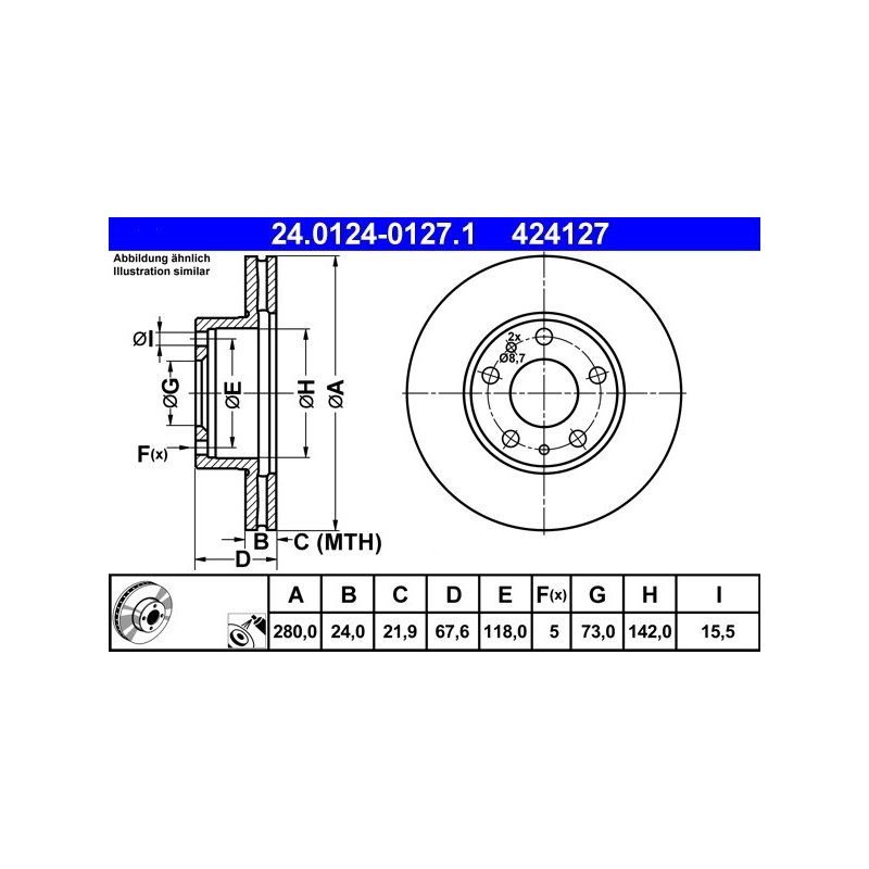 Disque de frein ATE 24.0124-0127.1 pour CITROËN, FIAT, VAUXHALL, PEUGEOT ATE