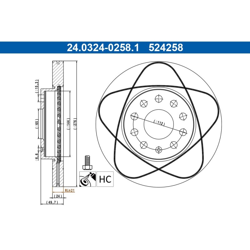 Disque de frein ATE 24.0324-0258.1 pour AUDI, SEAT, SKODA, VW OE 5Q0615301A ATE