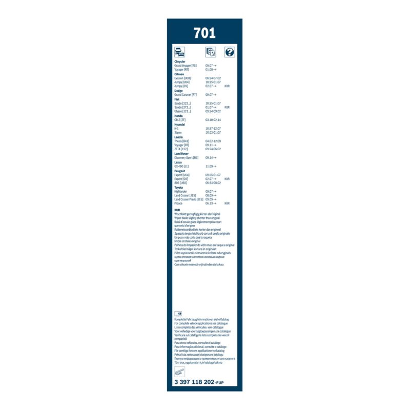 Essuie-glace BOSCH 3397118202 pour CHRYSLER, CITROEN, DODGE, FIAT et plus encore... BOSCH