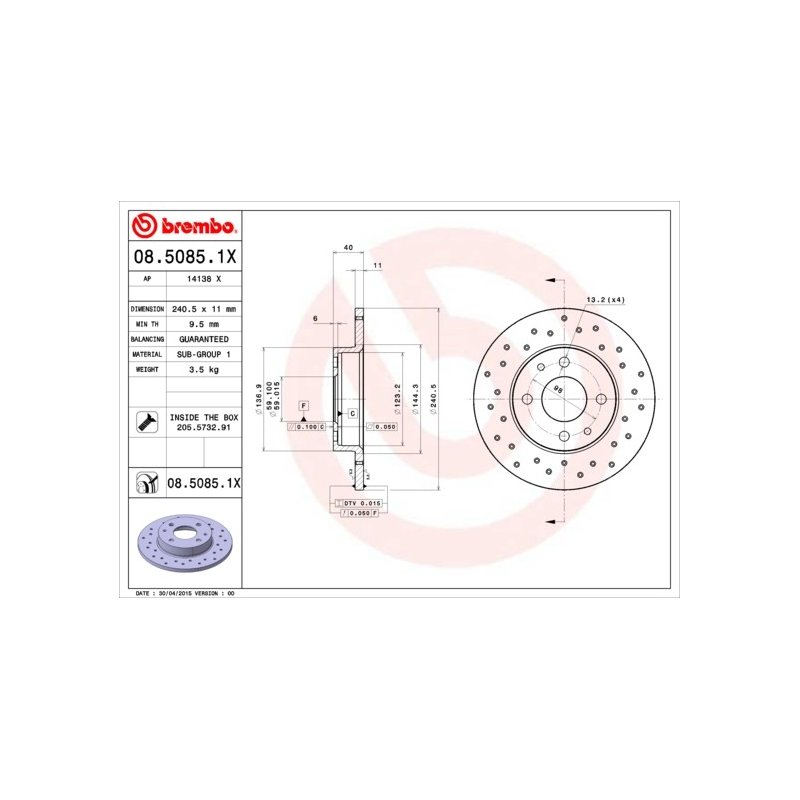 Disque de frein BREMBO 08.5085.1X pour ABARTH, ALFA ROMEO, FIAT, FORD et plus encore... BREMBO