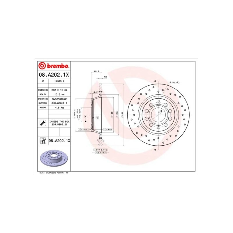 Disque de frein BREMBO 08.A202.1X pour AUDI, SEAT, SKODA, VW OE 1K0615601AD BREMBO