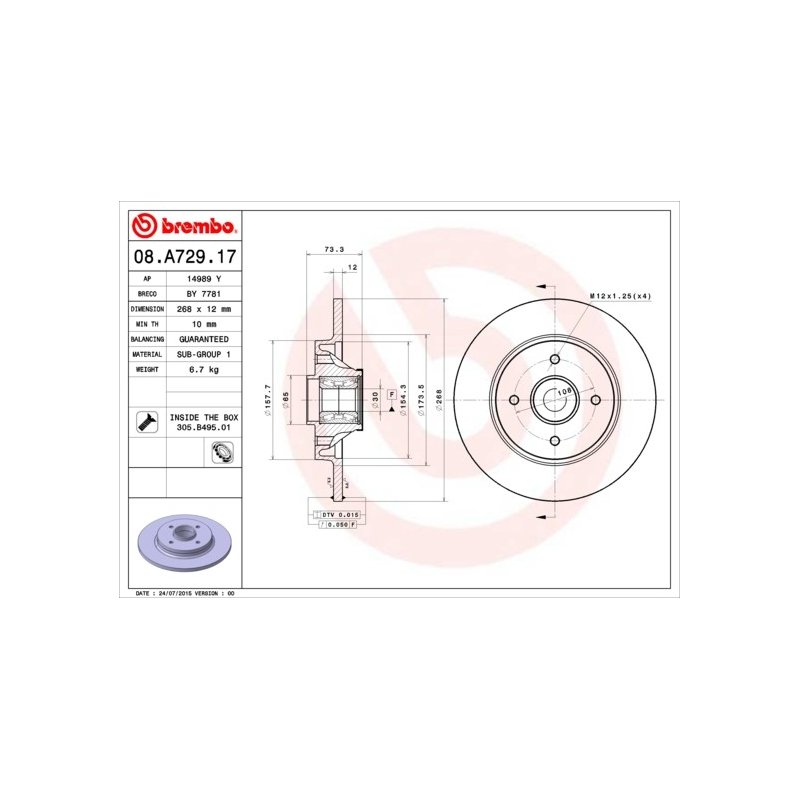 Disque de frein BREMBO 08.A729.17 pour CITROËN, DS, DS (CAPSA), PEUGEOT BREMBO