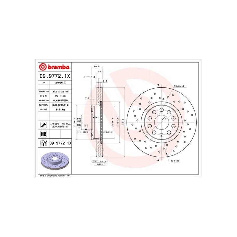 Disque de frein BREMBO 09.9772.1X pour AUDI, CUPRA, SEAT, SKODA, VW BREMBO