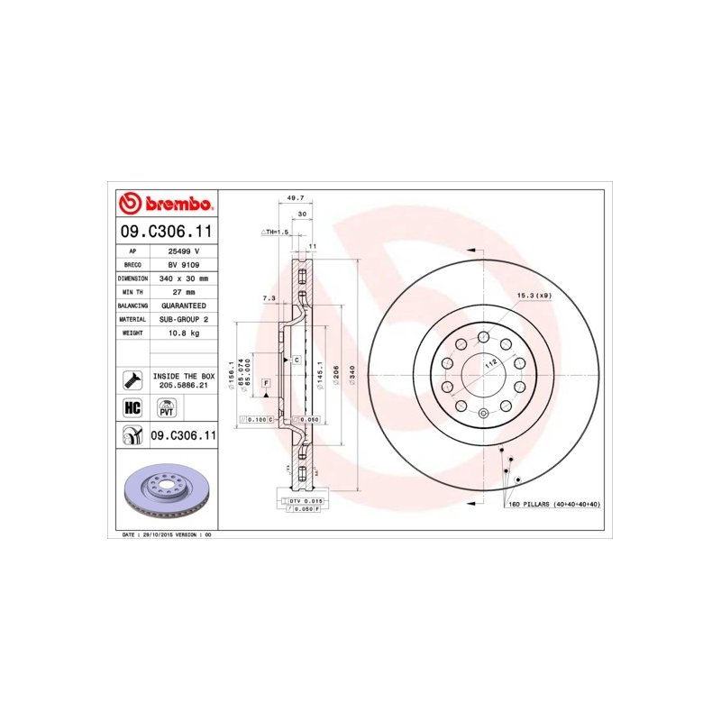 Disque de frein BREMBO 09.C306.11 pour AUDI, CHRYSLER, CUPRA, SEAT et plus encore... BREMBO