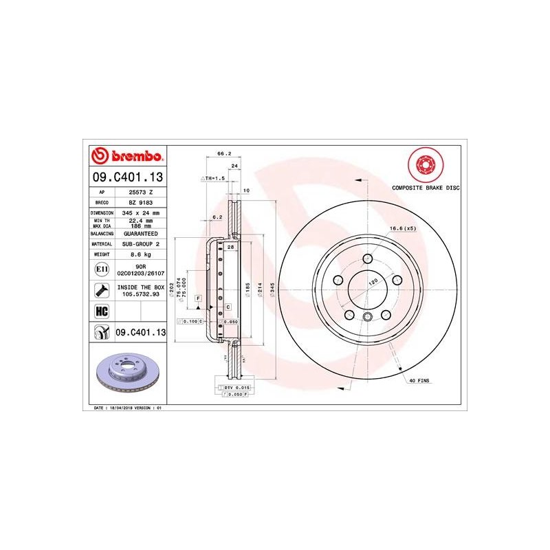 Disque de frein BREMBO 09.C401.13 pour BMW Série 3 et 4, référence d'origine 34206797607 BREMBO