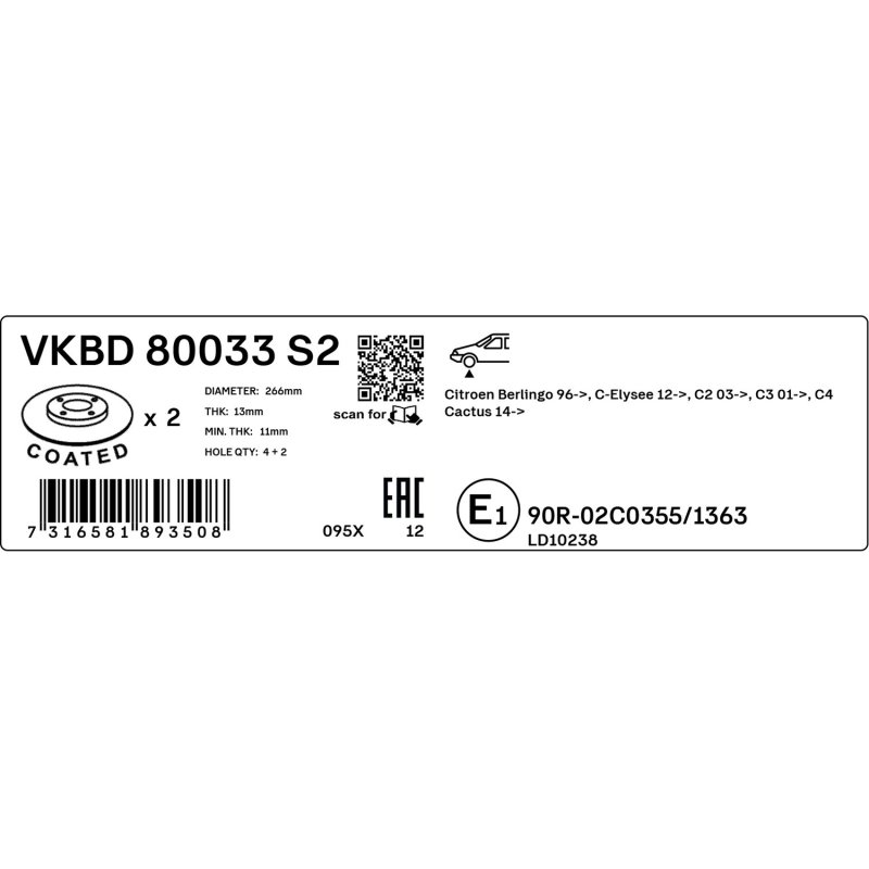 Brake Disc VKBD80033S2 SKF VKBD 80033 S2 OE Ref 1608691680 SKF