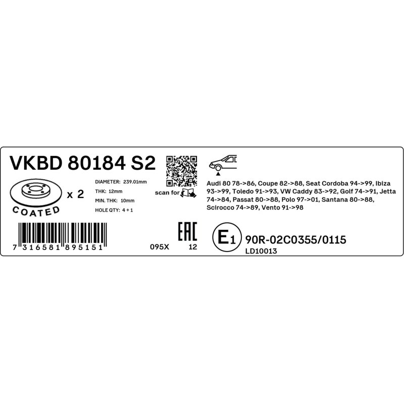Brake Disc VKBD80184S2 SKF VKBD 80184 S2 OE Ref 171615301 SKF
