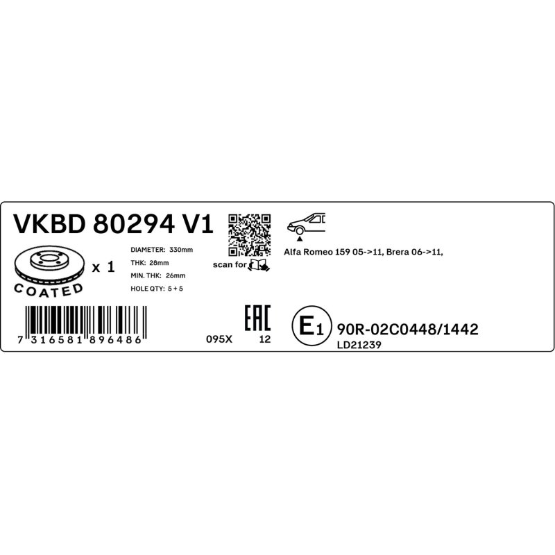 Brake Disc VKBD80294V1 SKF VKBD 80294 V1 OE Ref 51731346 SKF
