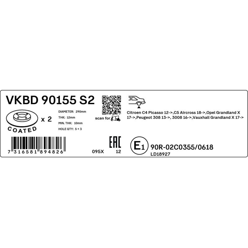 Brake Disc VKBD90155S2 SKF VKBD 90155 S2 OE Ref 1609583080 SKF
