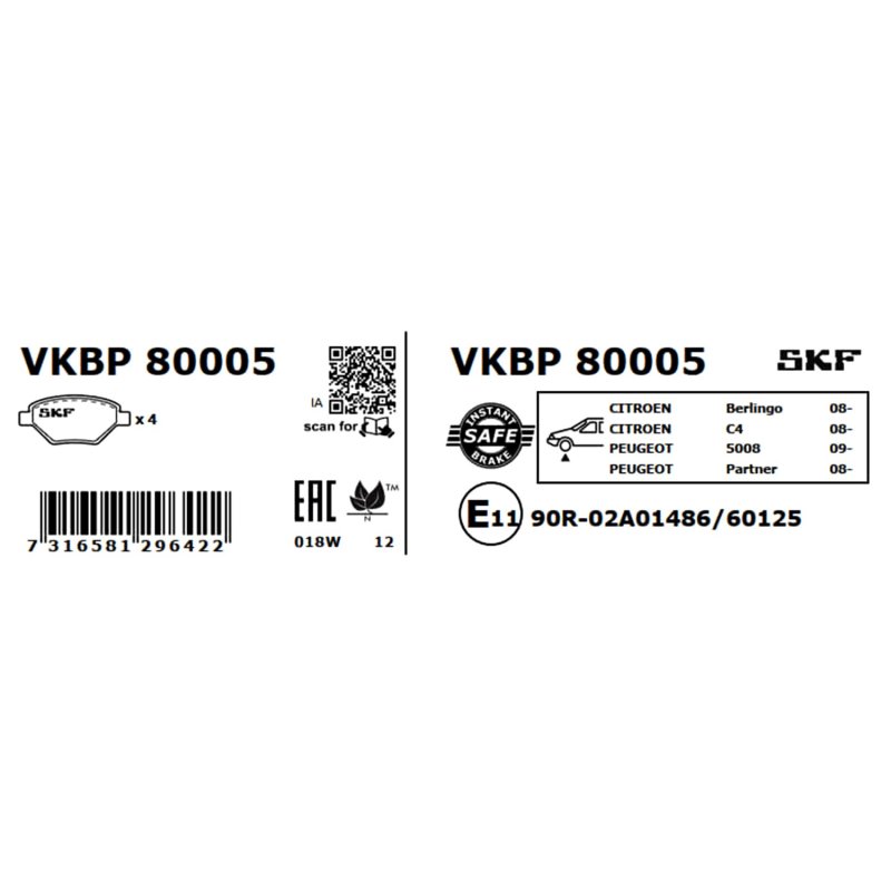Brake Pad Set VKBP80005 SKF VKBP 80005 OE Ref 1611838580 SKF