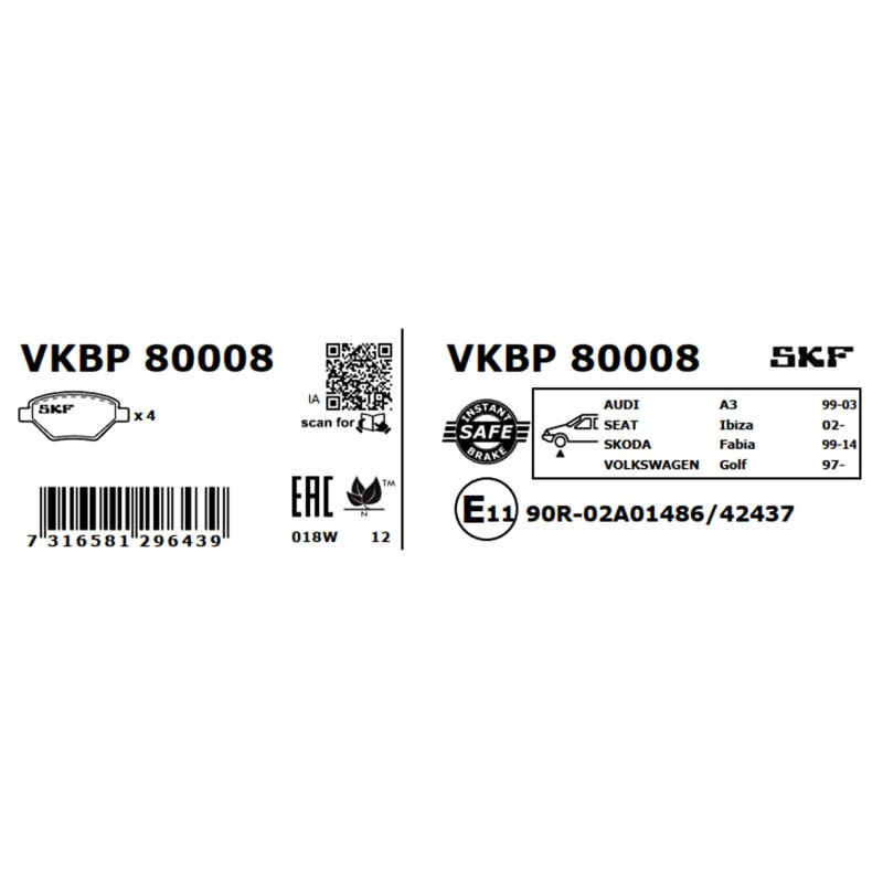 Brake Pad Set VKBP80008 SKF VKBP 80008 OE Ref 176698151 SKF