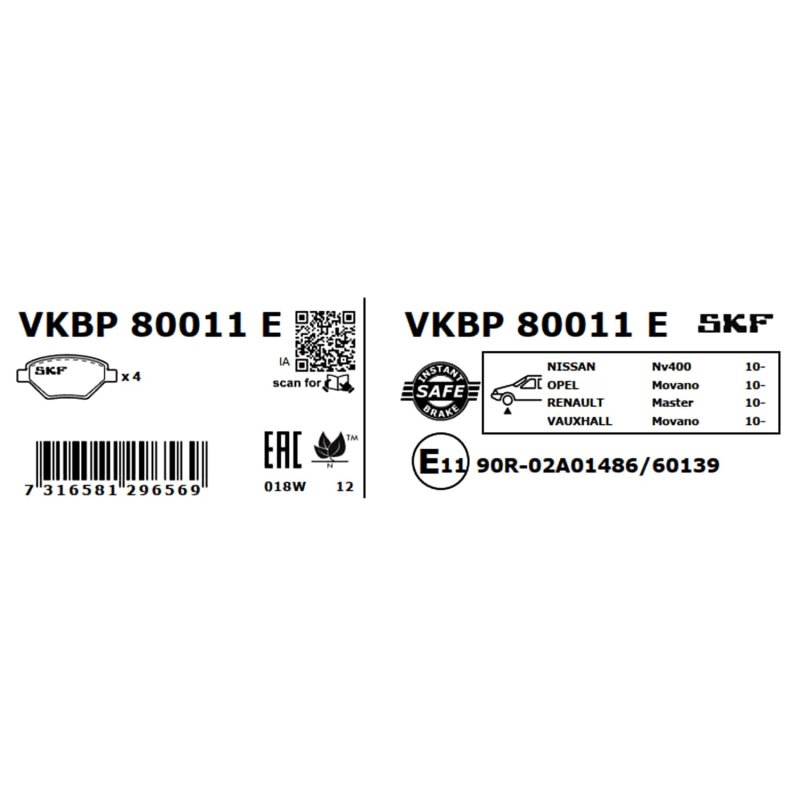 Brake Pad Set VKBP80011E SKF VKBP 80011 E OE Ref 4106000Q0L SKF