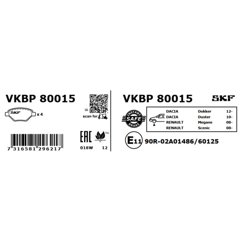 Brake Pad Set VKBP80015 SKF VKBP 80015 OE Ref 4106000Q1B SKF