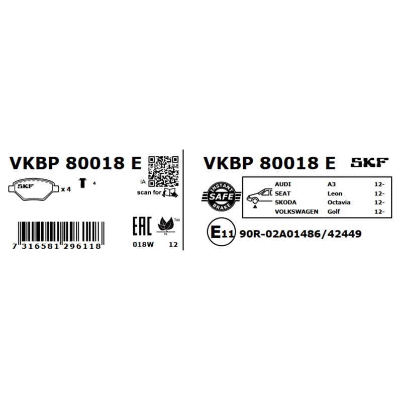Brake Pad Set VKBP80018E SKF VKBP 80018 E OE Ref 2K5698151 SKF