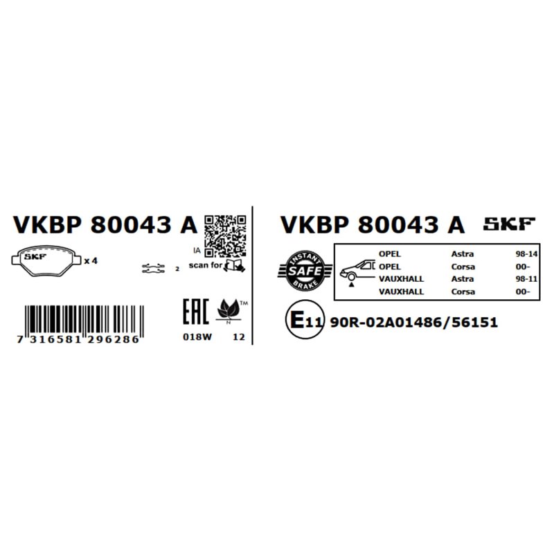 Brake Pad Set VKBP80043A SKF VKBP 80043 A OE Ref 09192157 SKF