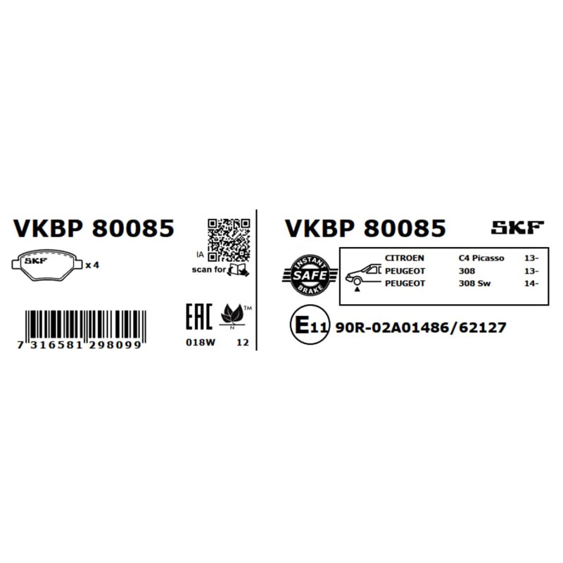 Brake Pad Set VKBP80085 SKF VKBP 80085 OE Ref 1623162380 SKF