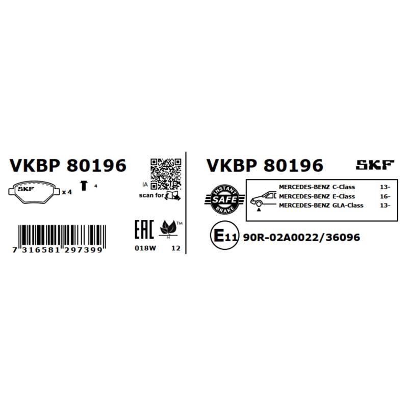 Brake Pad Set VKBP80196 SKF VKBP 80196 OE Ref 0004208700 SKF