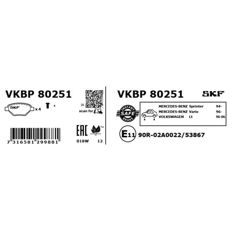 Brake Pad Set VKBP80251 SKF VKBP 80251 OE Ref 05103556AA SKF