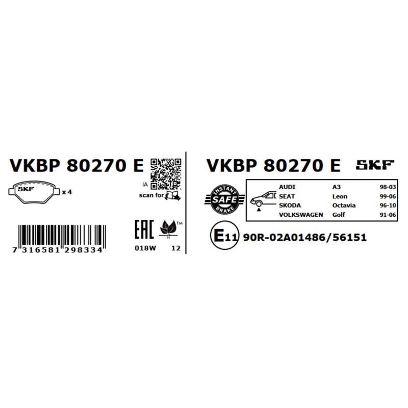 Brake Pad Set VKBP80270E SKF VKBP 80270 E OE Ref 1J0615105AE SKF