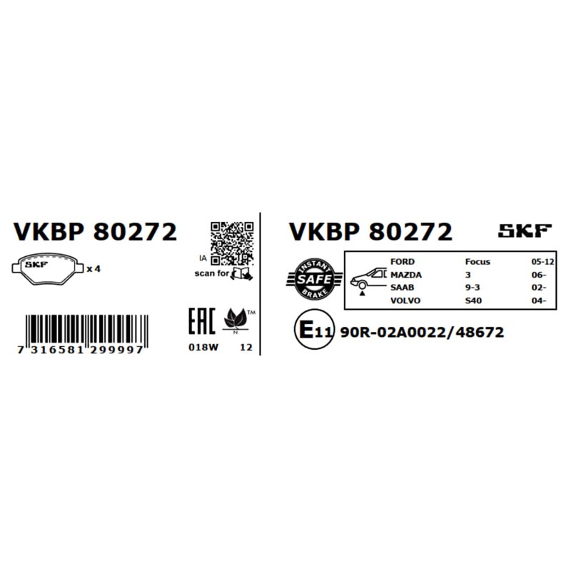 Brake Pad Set VKBP80272 SKF VKBP 80272 OE Ref 1368558 SKF
