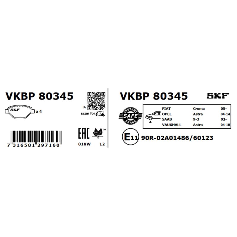 Brake Pad Set VKBP80345 SKF VKBP 80345 OE Ref 77363604 SKF