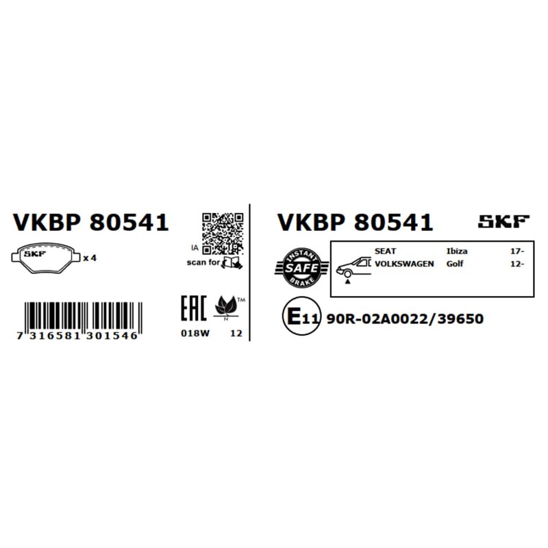 Brake Pad Set VKBP80541 SKF VKBP 80541 OE Ref 2Q0698151B SKF