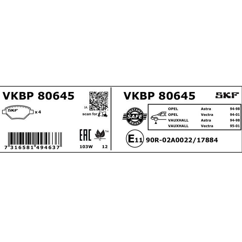 Brake Pad Set VKBP80645 SKF VKBP 80645 OE Ref 1605089 SKF