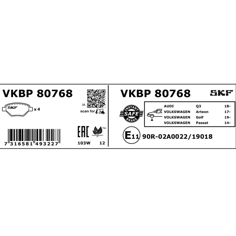 Brake Pad Set VKBP80768 SKF VKBP 80768 OE Ref 3Q0698151 SKF