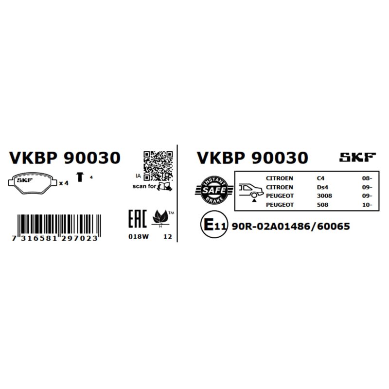 Brake Pad Set VKBP90030 SKF VKBP 90030 OE Ref 1608520680 SKF