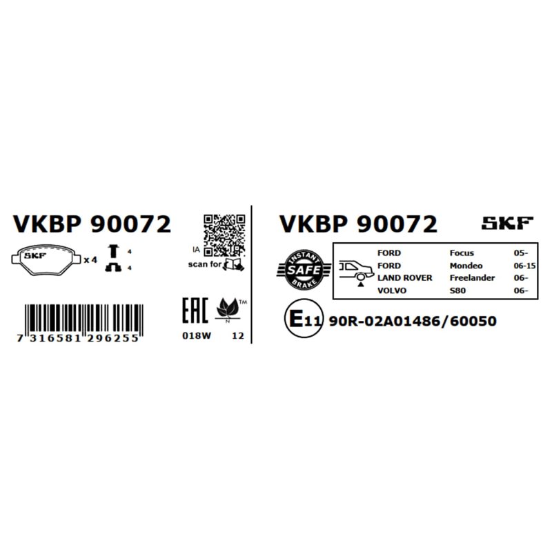 Brake Pad Set VKBP90072 SKF VKBP 90072 OE Ref 1439867 SKF