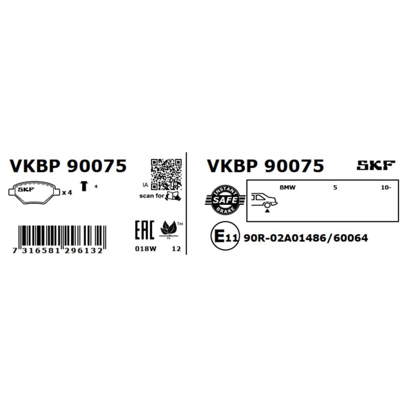 Brake Pad Set VKBP90075 SKF VKBP 90075 OE Ref 34206877648 SKF