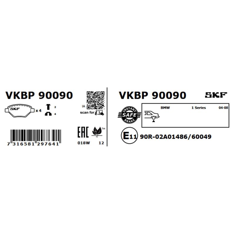 Brake Pad Set VKBP90090 SKF VKBP 90090 OE Ref 34121288889 SKF