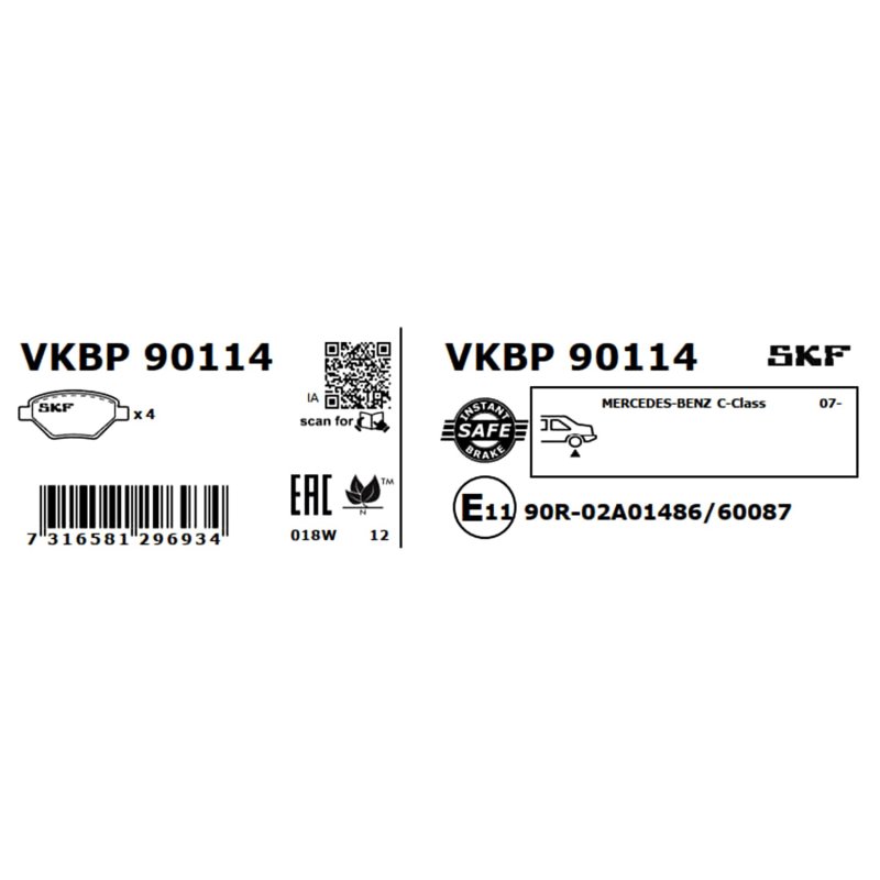 Brake Pad Set VKBP90114 SKF VKBP 90114 OE Ref 0054200720 SKF