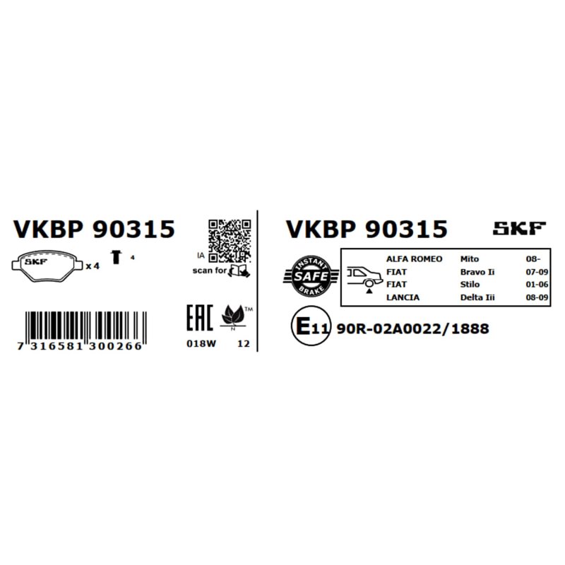 Brake Pad Set VKBP90315 SKF VKBP 90315 OE Ref 71769094 SKF