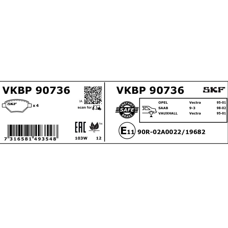 Brake Pad Set VKBP90736 SKF VKBP 90736 OE Ref 1605005 SKF