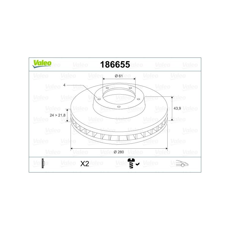 Disque de frein VALEO 186655 pour DACIA, RENAULT, référence d'origine 402069518R VALEO