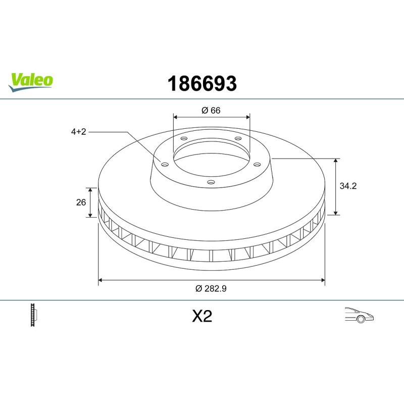 Disque de frein VALEO 186693 pour CITROËN, DS, VAUXHALL, PEUGEOT OE 4246-W2 VALEO