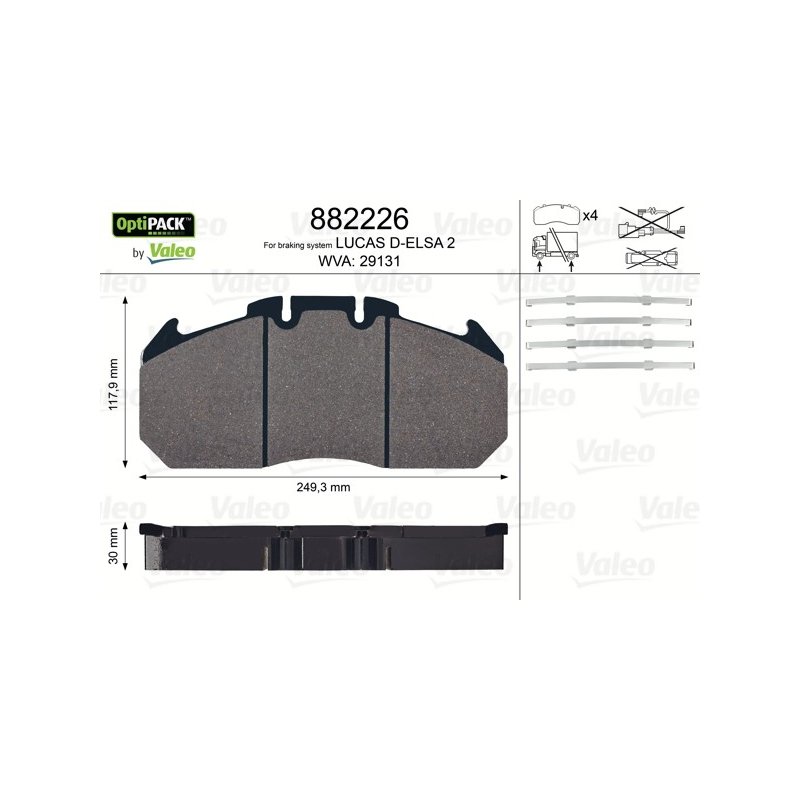 Jeu de plaquettes de frein VALEO 882226 pour camions IRISBUS, MAN et RENAULT VALEO