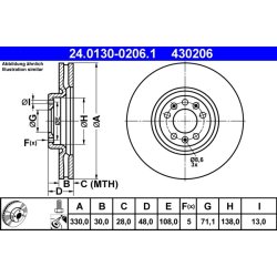 Disque de frein ATE 24.0130-0206.1 pour CITROËN, PEUGEOT C5, C6, 407