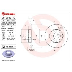 Disque de frein BREMBO 08.8638.11 pour VAUXHALL CORSA, CORSAVAN OE 569020