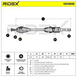 Arbre de transmission RIDEX (essieu CV) 13D0835 pour BMW 31607597694