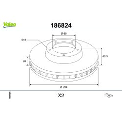 Disque de frein VALEO 186824 pour HYUNDAI SANTA OE 51712-26100 VALEO