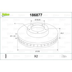 Disque de frein VALEO 186877 pour TOYOTA COROLLA OE 43512-12620 VALEO