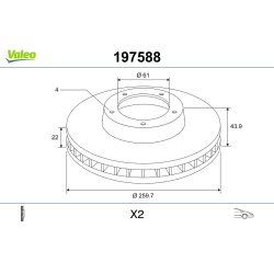 Disque de frein VALEO 197588 pour NISSAN MICRA, REMARQUE OE 40206-1HA0A VALEO