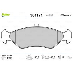 Jeu de plaquettes de frein VALEO 301171 pour FORD ESCORT, FIESTA, KA OE 1010502 VALEO