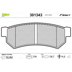 Jeu de plaquettes de frein VALEO 301343 pour CHEVROLET, DAEWOO, GM KOREA OE 96800089 VALEO