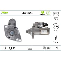 Démarreur VALEO 438523 pour AUDI, SEAT, SKODA, VW OE 02Z911022C VALEO