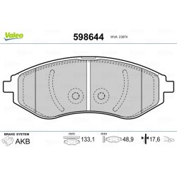 Jeu de plaquettes de frein VALEO 598644 pour CHEVROLET, DAEWOO, GM KOREA, PROTON VALEO